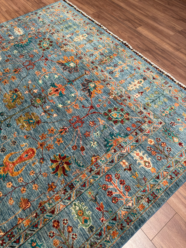Sultani Çiçekli Orijinal El Dokuması Mavi Kök Boya Yün Halı 205x311 6.38 Metrekare - 7x10 ft