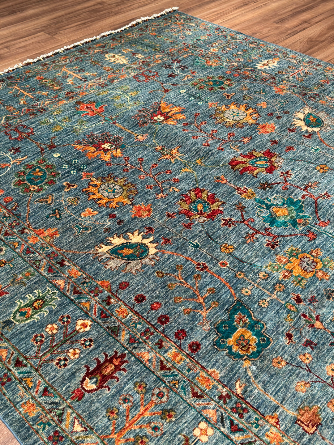 Sultani Çiçekli Orijinal El Dokuması Mavi Kök Boya Yün Halı 205x311 6.38 Metrekare - 7x10 ft