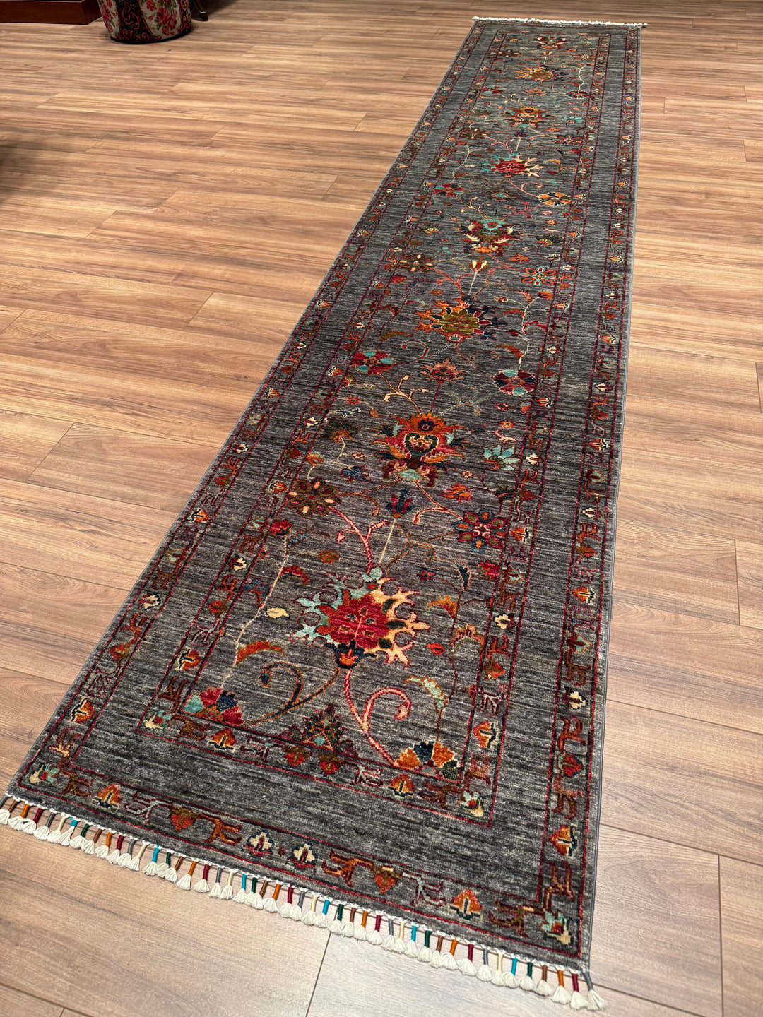 Sultani One Thousand and One Nights Runner Rug, Original Handwoven Grey Natural Dye Wool Carpet, 0.80x400 cm (3.20 square meters) - 3x13 ft 