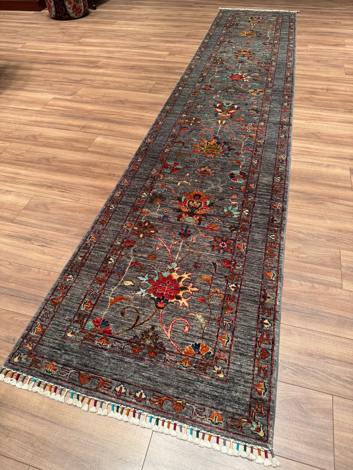 Sultani One Thousand and One Nights Runner Rug, Original Handwoven Grey Natural Dye Wool Carpet, 0.80x400 cm (3.20 square meters) - 3x13 ft 