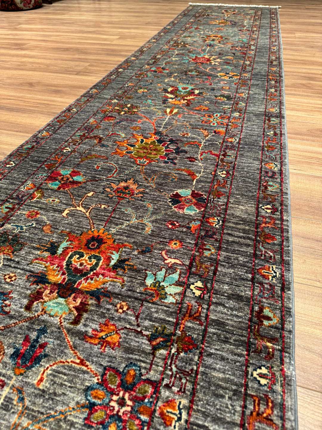 Sultani One Thousand and One Nights Runner Rug, Original Handwoven Grey Natural Dye Wool Carpet, 0.80x400 cm (3.20 square meters) - 3x13 ft 