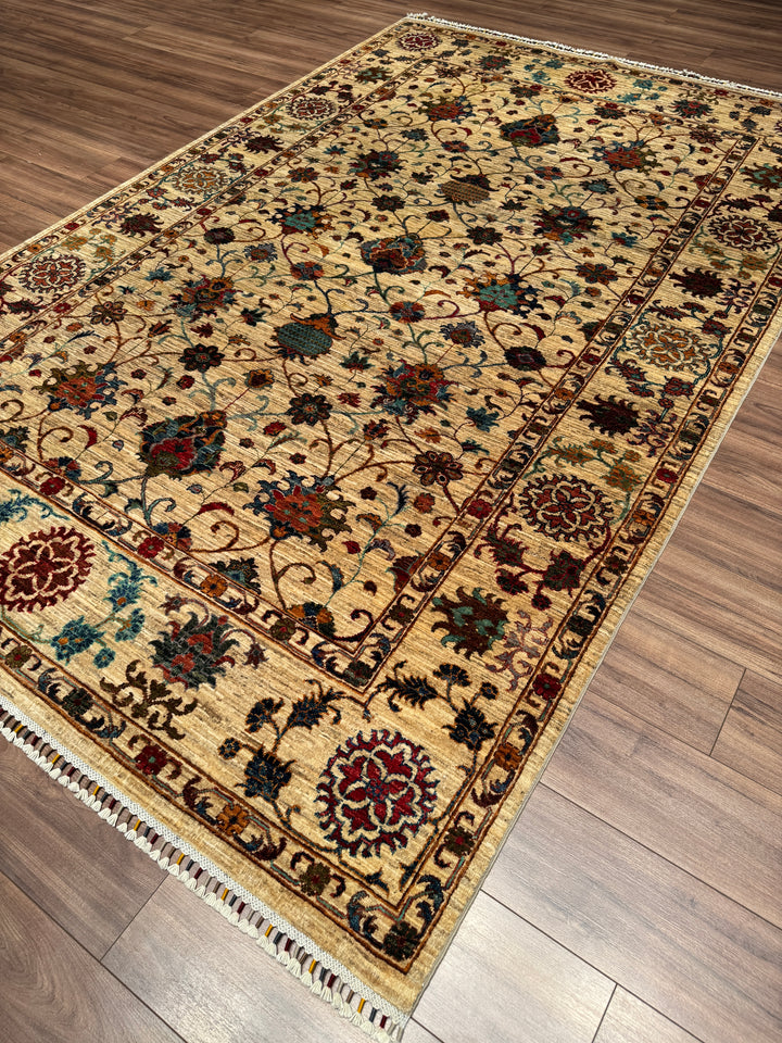 Sultani Çiçekli Orijinal El Dokuması Bej Kök Boya Yün Halı 203x312 6.33 Metrekare - 7x10 ft