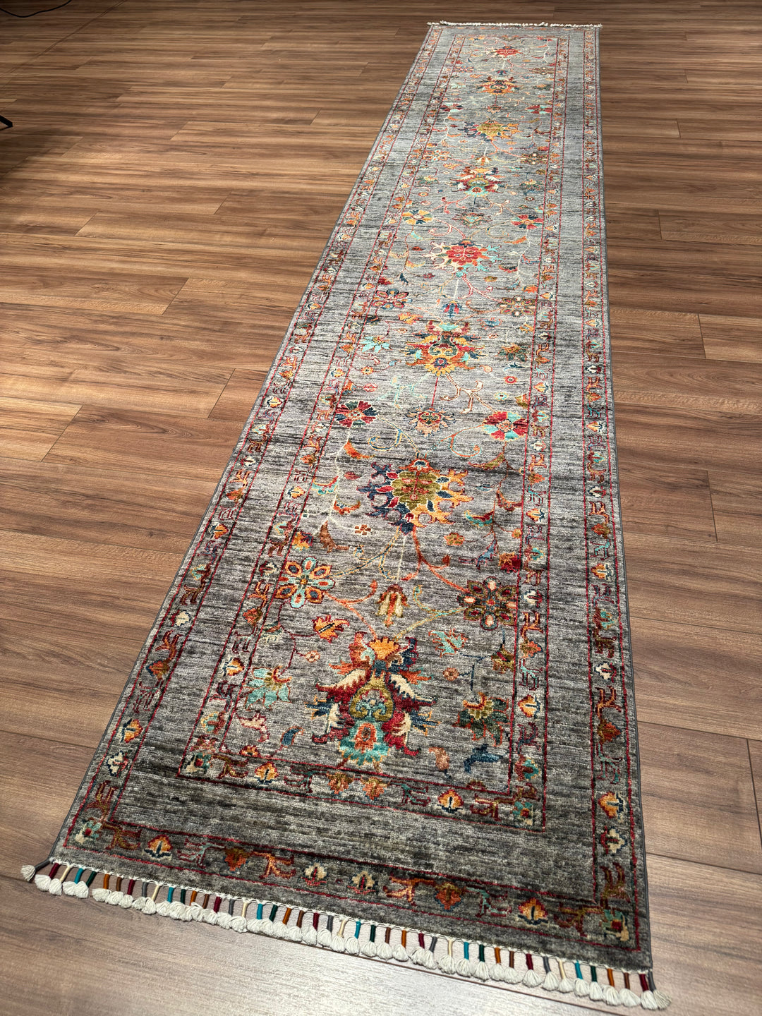Sultani One Thousand and One Nights Runner Rug, Original Handwoven Grey Natural Dye Wool Carpet, 0.80x400 cm (3.20 square meters) - 3x13 ft 