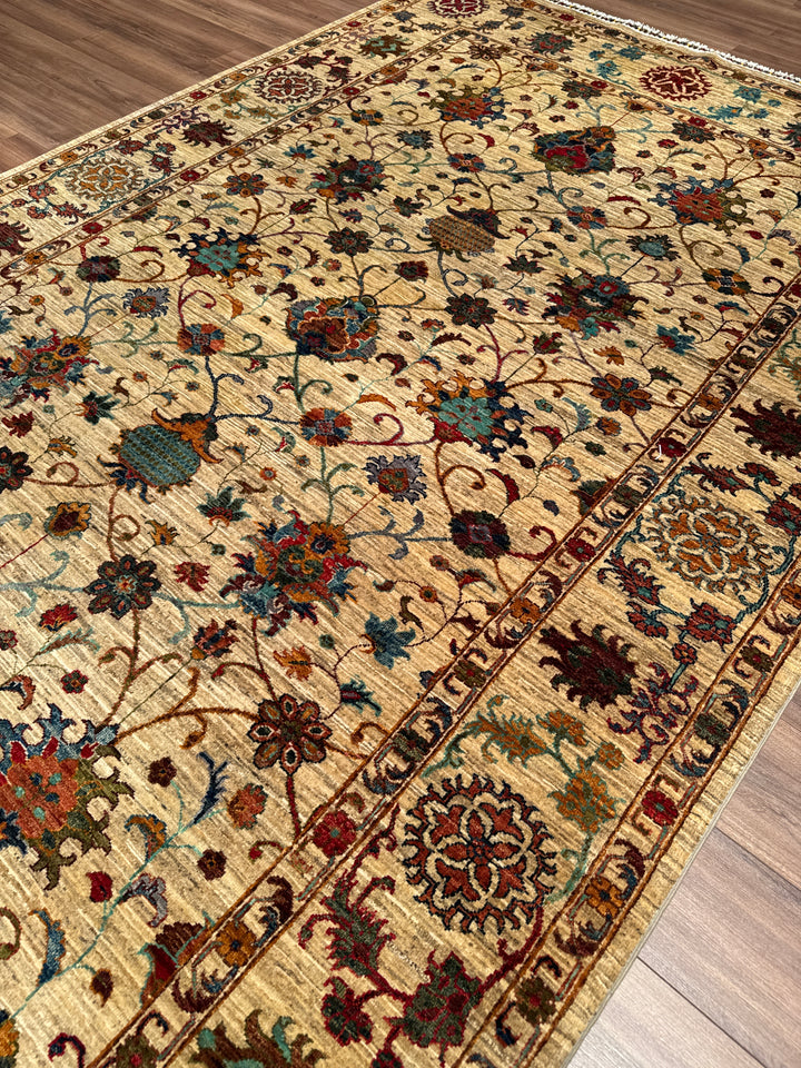 Sultani Çiçekli Orijinal El Dokuması Bej Kök Boya Yün Halı 203x312 6.33 Metrekare - 7x10 ft