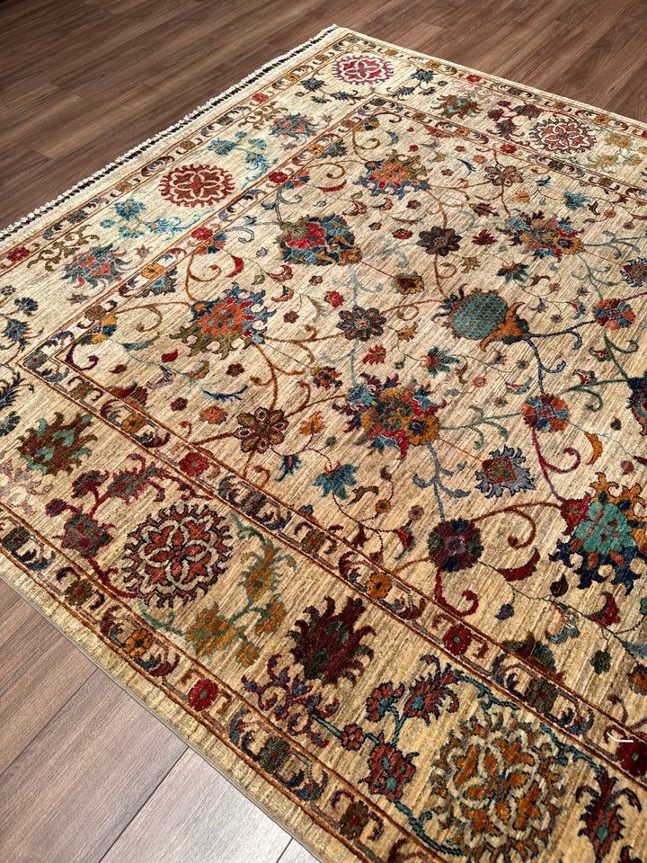 Sultani Çiçekli Orijinal El Dokuması Bej Kök Boya Yün Halı 203x312 6.33 Metrekare - 7x10 ft
