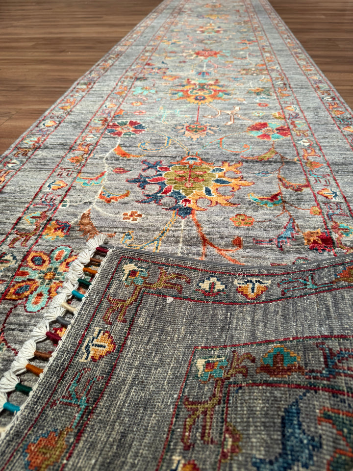 Sultani One Thousand and One Nights Runner Rug, Original Handwoven Grey Natural Dye Wool Carpet, 0.80x400 cm (3.20 square meters) - 3x13 ft 