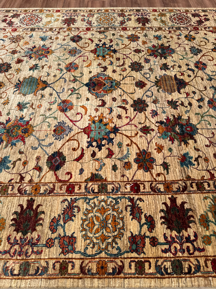 Sultani Çiçekli Orijinal El Dokuması Bej Kök Boya Yün Halı 203x312 6.33 Metrekare - 7x10 ft