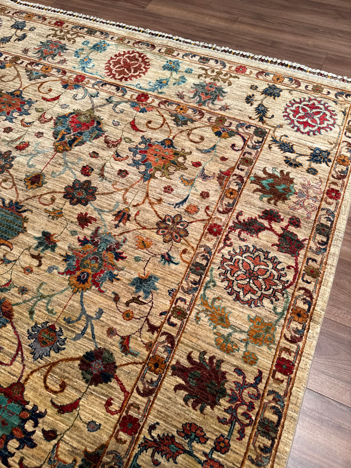 Sultani Çiçekli Orijinal El Dokuması Bej Kök Boya Yün Halı 203x312 6.33 Metrekare - 7x10 ft