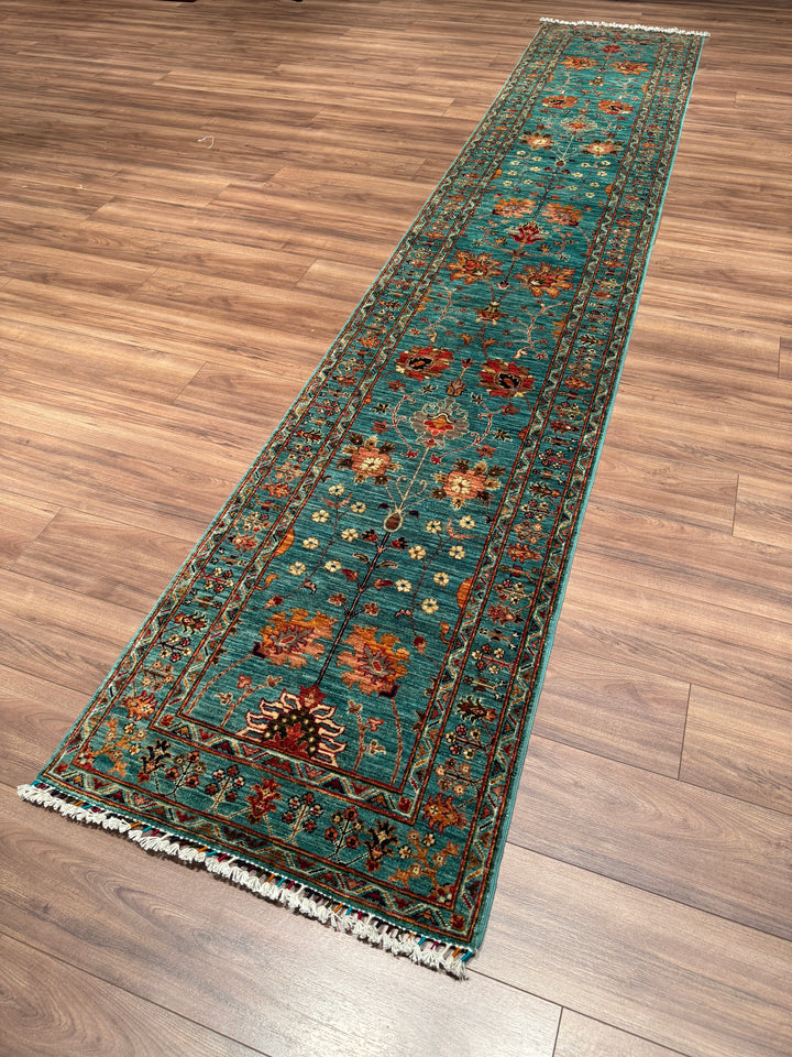 Sultani Binbirgece Uzun Yolluk Orijinal El Dokuması Turkuaz Kök Boya Yün Halı 0.77x410 3.16 Metrekare - 3x13 ft