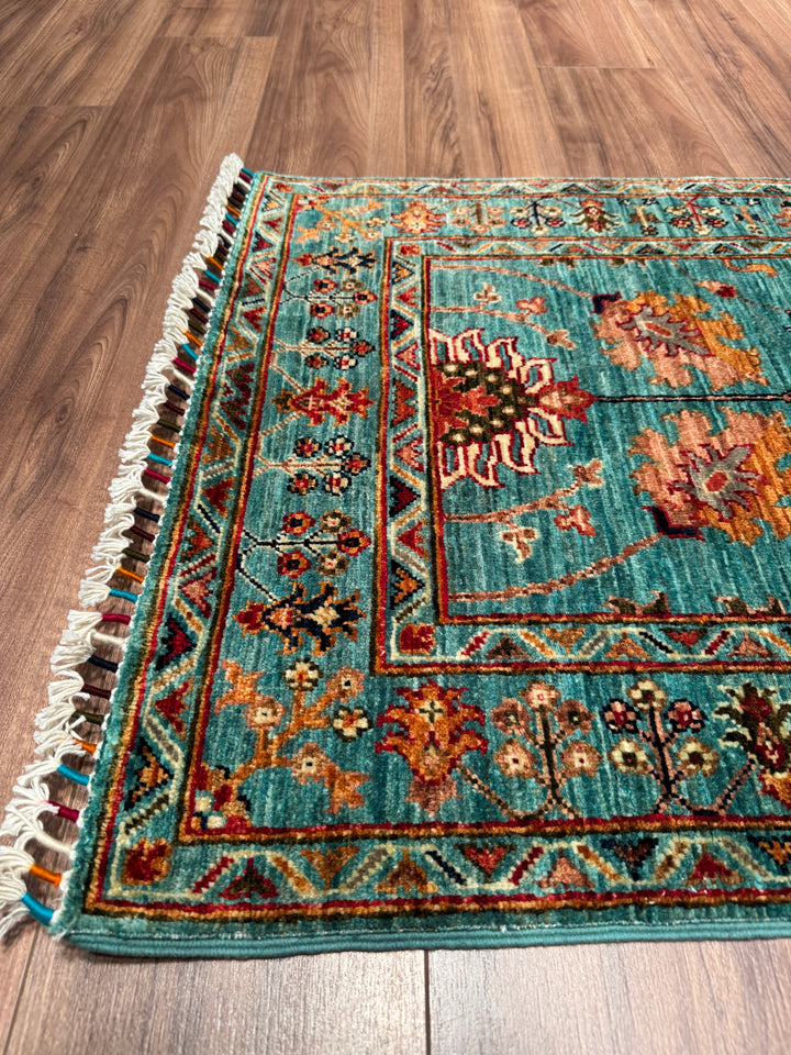 Sultani Binbirgece Uzun Yolluk Orijinal El Dokuması Turkuaz Kök Boya Yün Halı 0.77x410 3.16 Metrekare - 3x13 ft