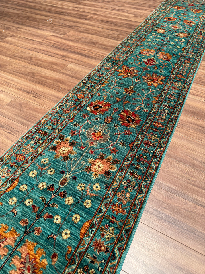 Sultani Binbirgece Uzun Yolluk Orijinal El Dokuması Turkuaz Kök Boya Yün Halı 0.77x410 3.16 Metrekare - 3x13 ft