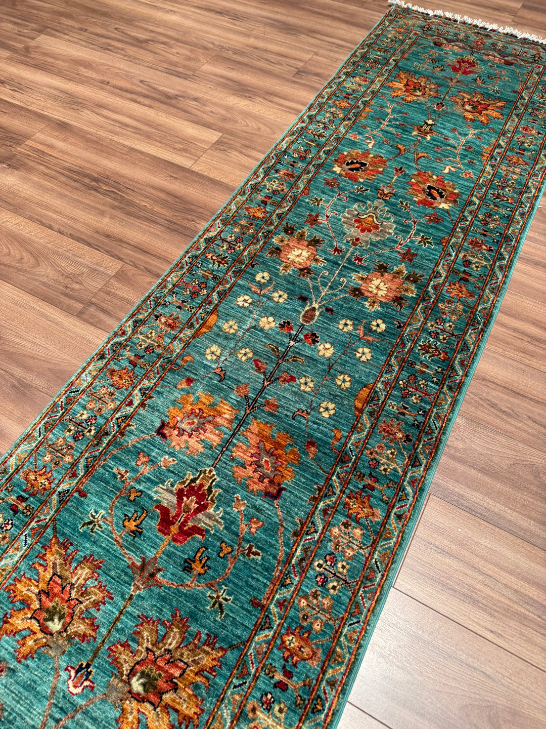 Sultani Binbirgece Uzun Yolluk Orijinal El Dokuması Turkuaz Kök Boya Yün Halı 0.77x410 3.16 Metrekare - 3x13 ft