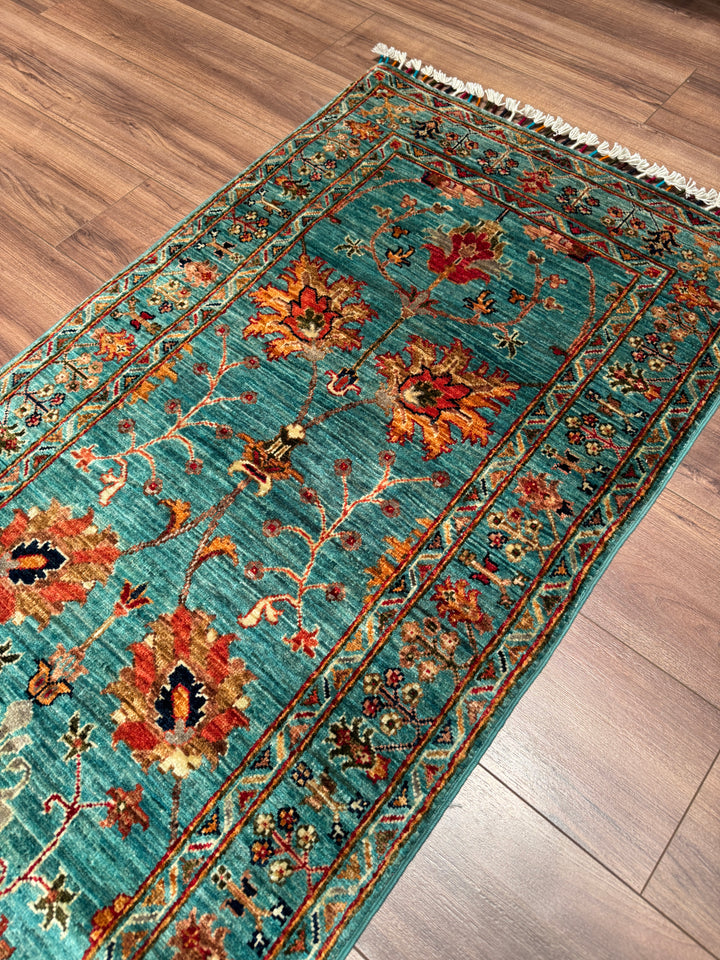 Sultani Binbirgece Uzun Yolluk Orijinal El Dokuması Turkuaz Kök Boya Yün Halı 0.77x410 3.16 Metrekare - 3x13 ft