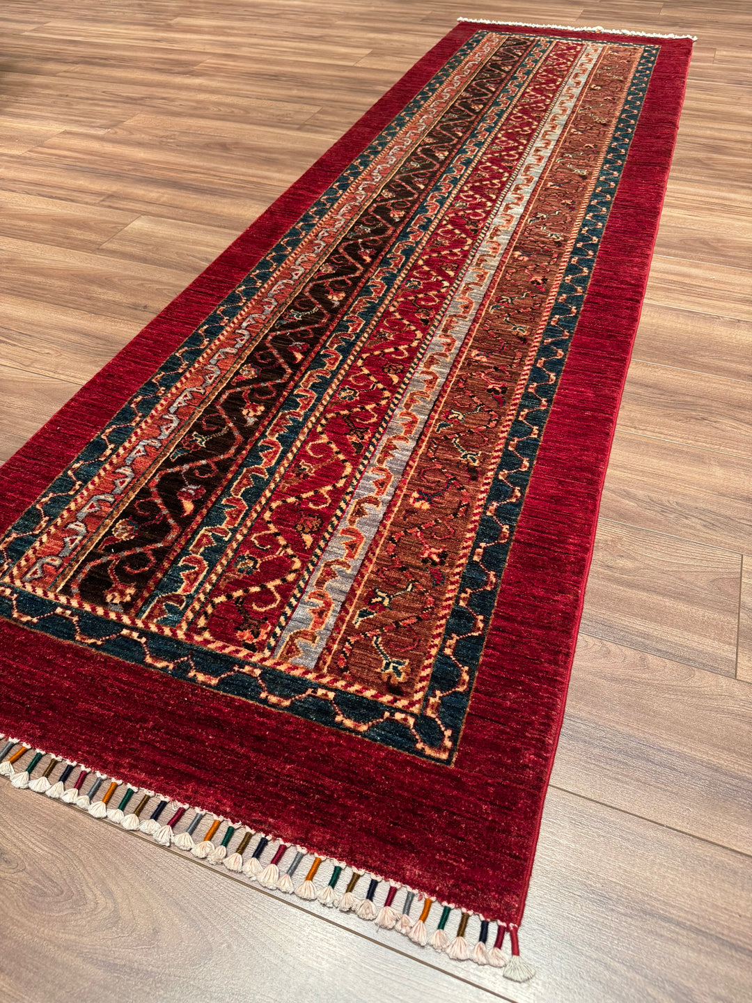 Original Handwoven Shawl Runner Red Root Dye Wool Rug 0.84x287 2.41 Square Meters - 3x9 ft 