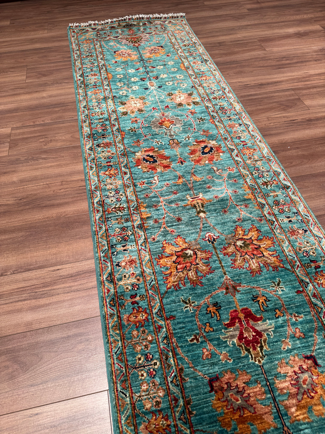 Sultani Binbirgece Uzun Yolluk Orijinal El Dokuması Turkuaz Kök Boya Yün Halı 0.77x410 3.16 Metrekare - 3x13 ft