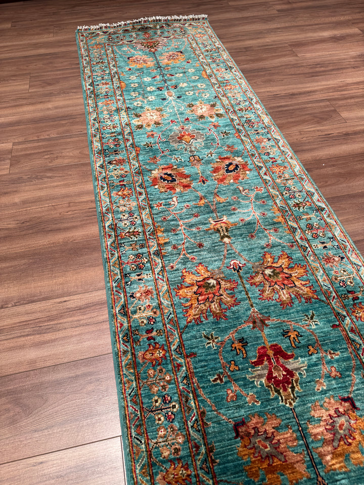 Sultani Binbirgece Uzun Yolluk Orijinal El Dokuması Turkuaz Kök Boya Yün Halı 0.77x410 3.16 Metrekare - 3x13 ft