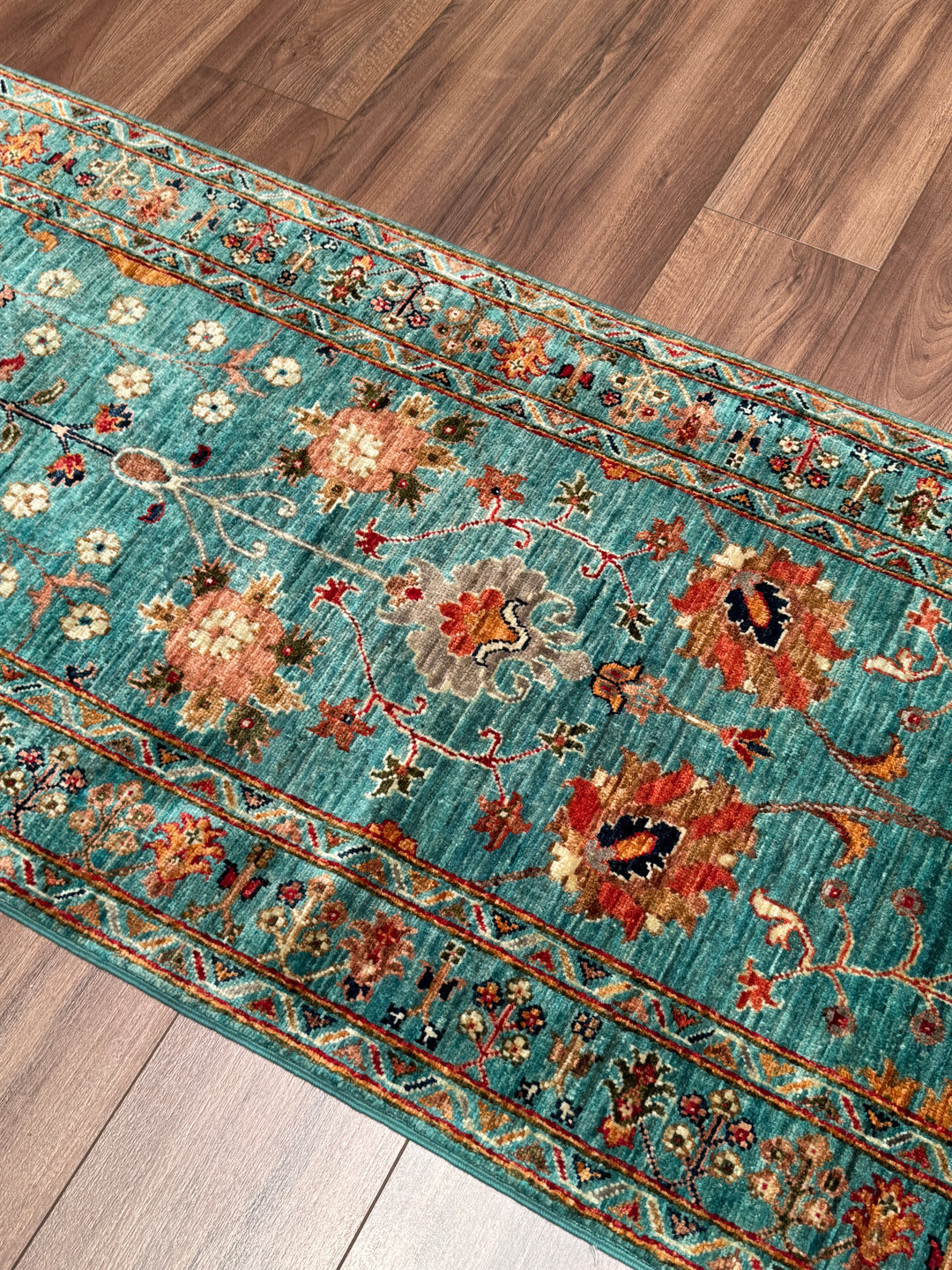 Sultani Binbirgece Uzun Yolluk Orijinal El Dokuması Turkuaz Kök Boya Yün Halı 0.77x410 3.16 Metrekare - 3x13 ft