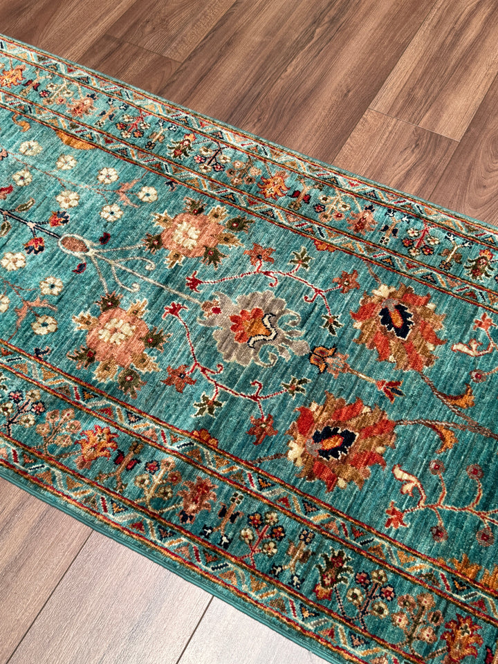 Sultani Binbirgece Uzun Yolluk Orijinal El Dokuması Turkuaz Kök Boya Yün Halı 0.77x410 3.16 Metrekare - 3x13 ft