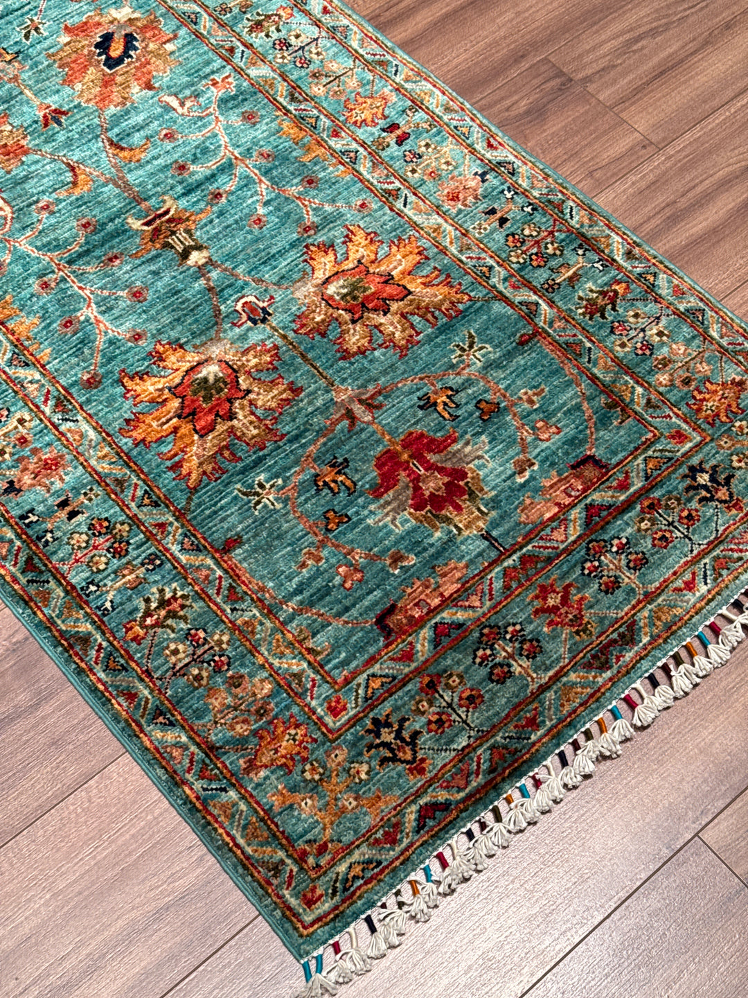 Sultani Binbirgece Uzun Yolluk Orijinal El Dokuması Turkuaz Kök Boya Yün Halı 0.77x410 3.16 Metrekare - 3x13 ft