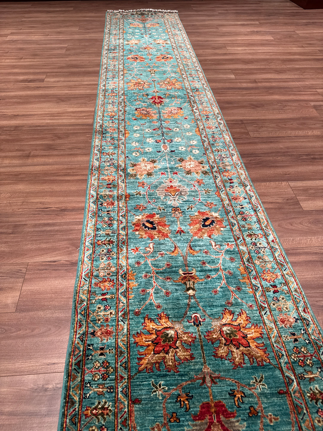 Sultani Binbirgece Uzun Yolluk Orijinal El Dokuması Turkuaz Kök Boya Yün Halı 0.77x410 3.16 Metrekare - 3x13 ft