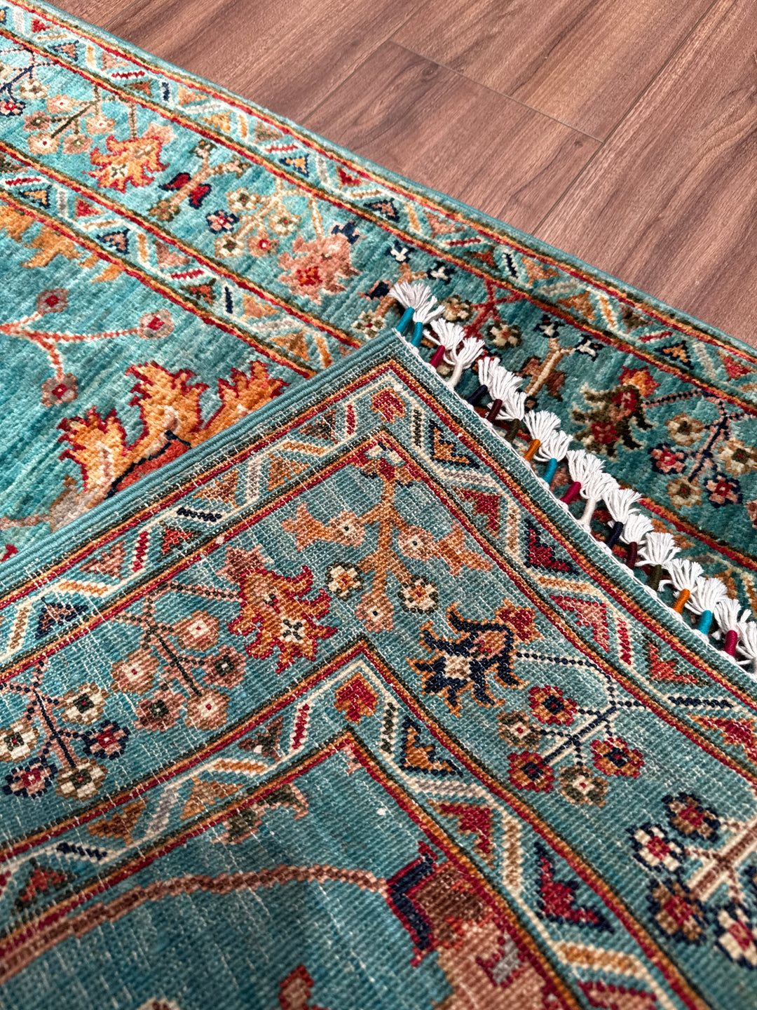 Sultani Binbirgece Uzun Yolluk Orijinal El Dokuması Turkuaz Kök Boya Yün Halı 0.77x410 3.16 Metrekare - 3x13 ft
