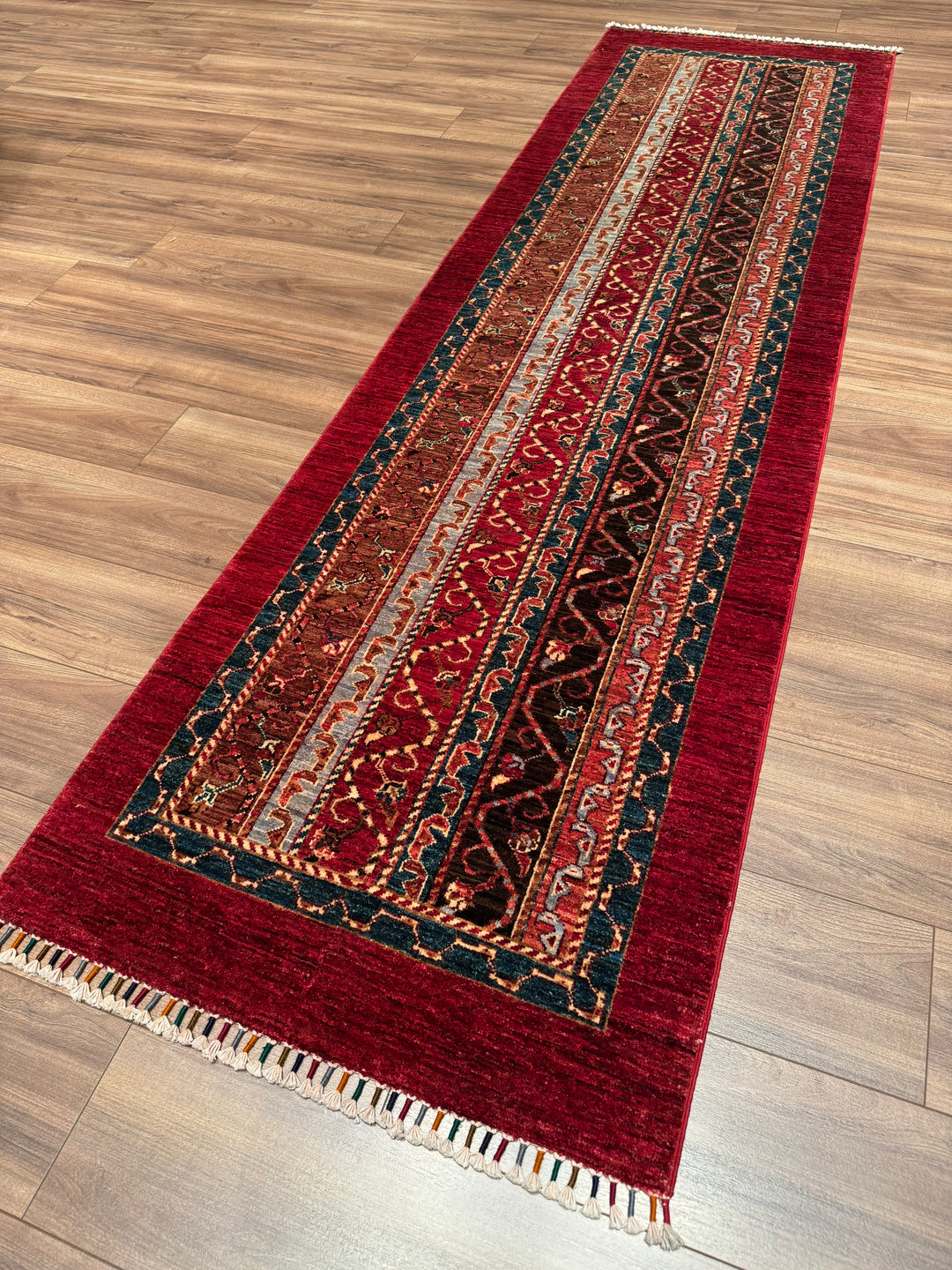 Original Handwoven Shawl Runner Red Root Dye Wool Rug 0.82x2.89 2.37 Square Meters - 3x9 ft 