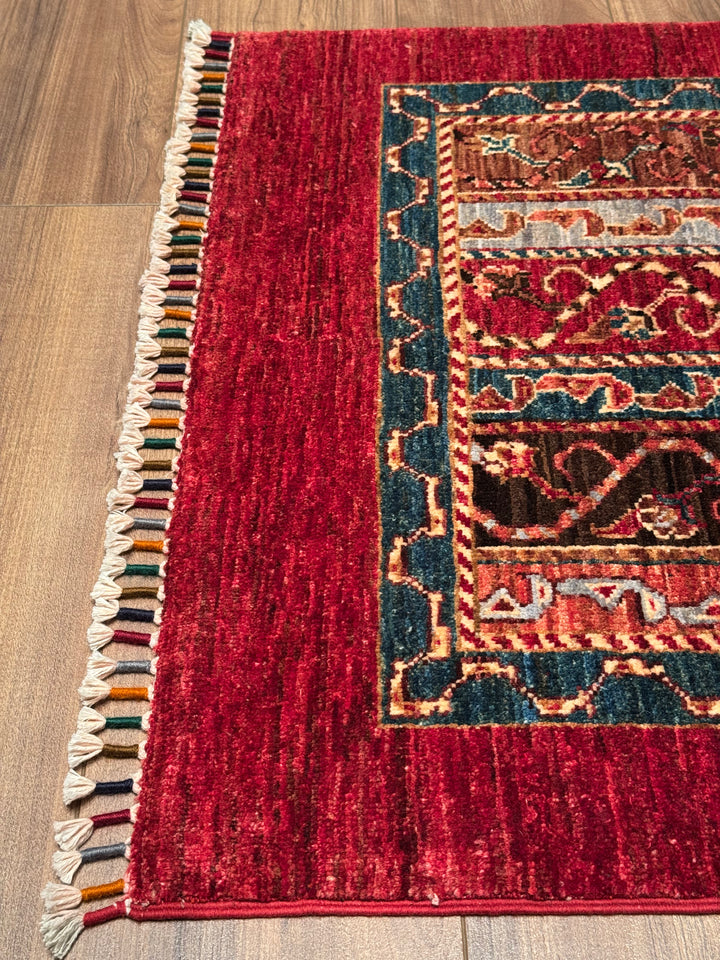 Original Handwoven Shawl Runner Red Root Dye Wool Rug 0.82x2.89 2.37 Square Meters - 3x9 ft 