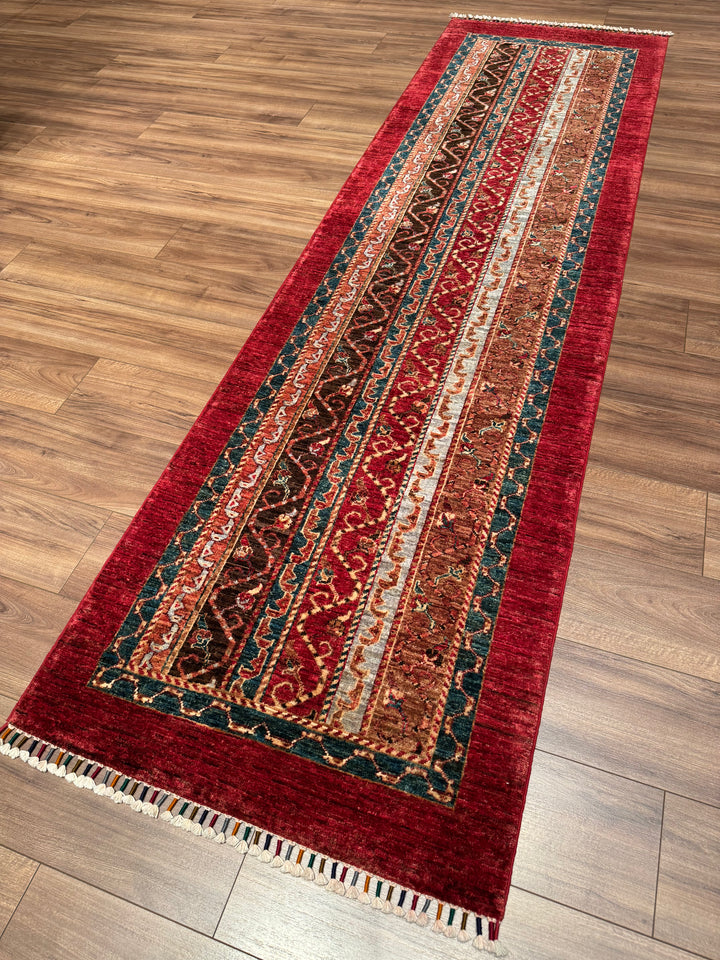 Original Handwoven Shawl Runner Red Root Dye Wool Rug 0.82x2.89 2.37 Square Meters - 3x9 ft 