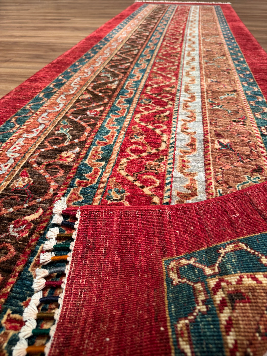 Original Handwoven Shawl Runner Red Root Dye Wool Rug 0.82x2.89 2.37 Square Meters - 3x9 ft 