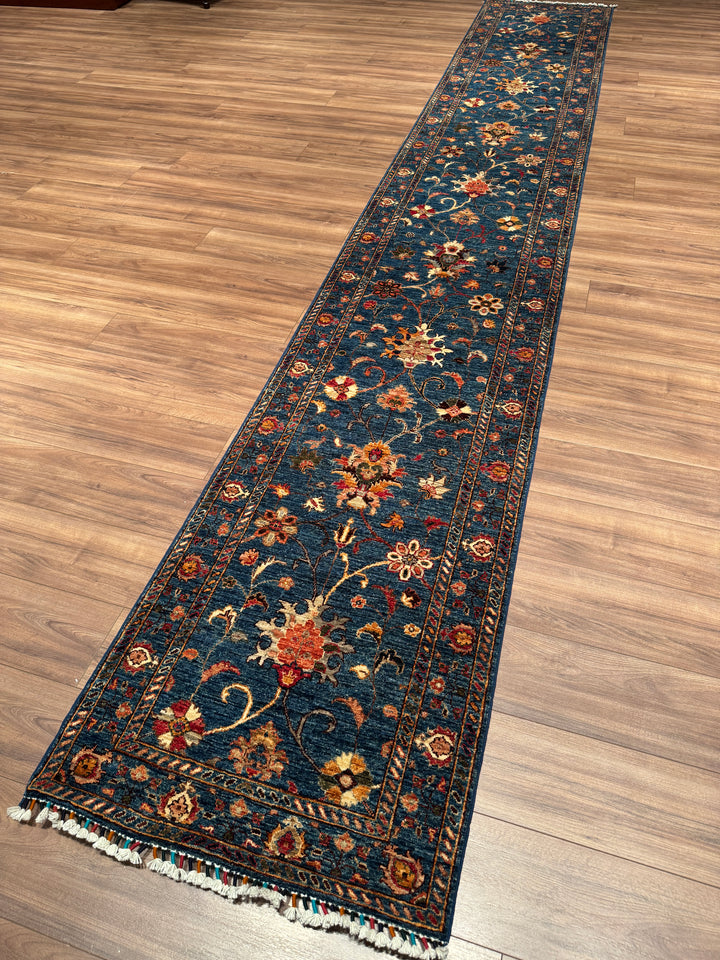 Sultani Binbirgece Uzun Yolluk Orijinal El Dokuması Lacivert Kök Boya Yün Halı 0.77x490 3.16 Metrekare - 3x16 ft