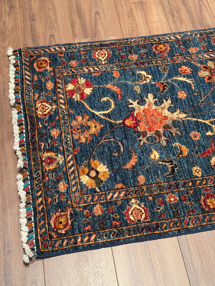 Sultani Binbirgece Uzun Yolluk Orijinal El Dokuması Lacivert Kök Boya Yün Halı 0.77x490 3.16 Metrekare - 3x16 ft