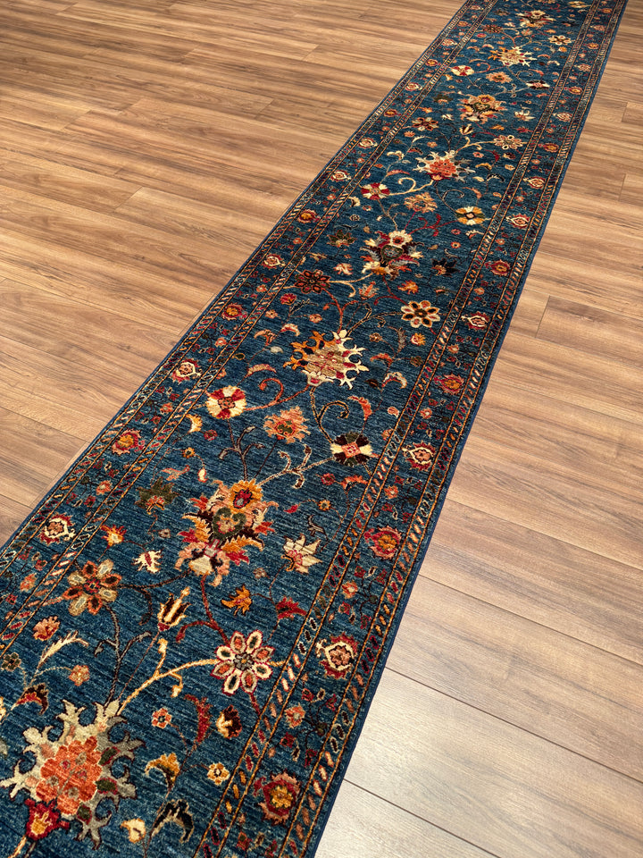 Sultani Binbirgece Uzun Yolluk Orijinal El Dokuması Lacivert Kök Boya Yün Halı 0.77x490 3.16 Metrekare - 3x16 ft