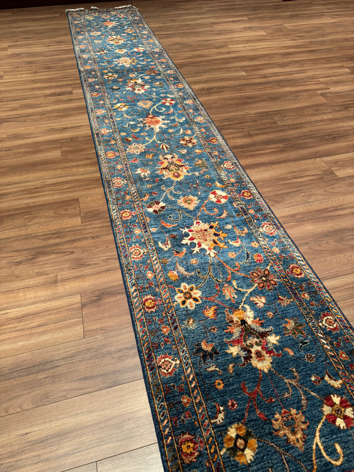 Sultani Binbirgece Uzun Yolluk Orijinal El Dokuması Lacivert Kök Boya Yün Halı 0.77x490 3.16 Metrekare - 3x16 ft