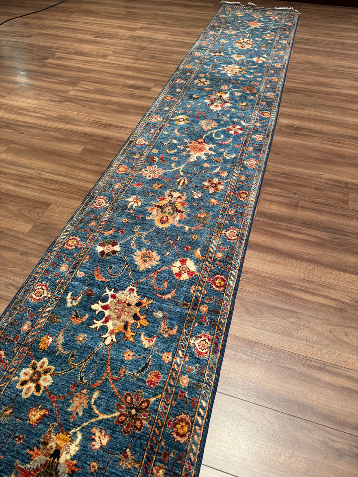 Sultani Binbirgece Uzun Yolluk Orijinal El Dokuması Lacivert Kök Boya Yün Halı 0.77x490 3.16 Metrekare - 3x16 ft
