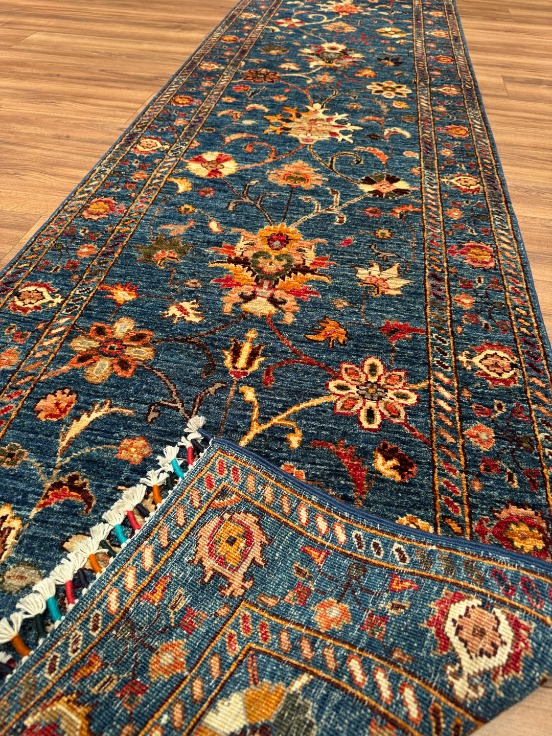 Sultani Binbirgece Uzun Yolluk Orijinal El Dokuması Lacivert Kök Boya Yün Halı 0.77x490 3.16 Metrekare - 3x16 ft