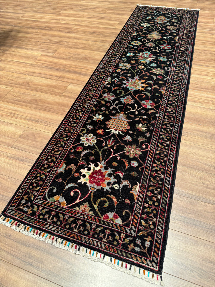 Sultani One Thousand and One Nights Runner Rug, Original Handwoven Black Natural Dye Wool Carpet, 0.84x309 cm (2.60 square meters) - 3x10 ft 