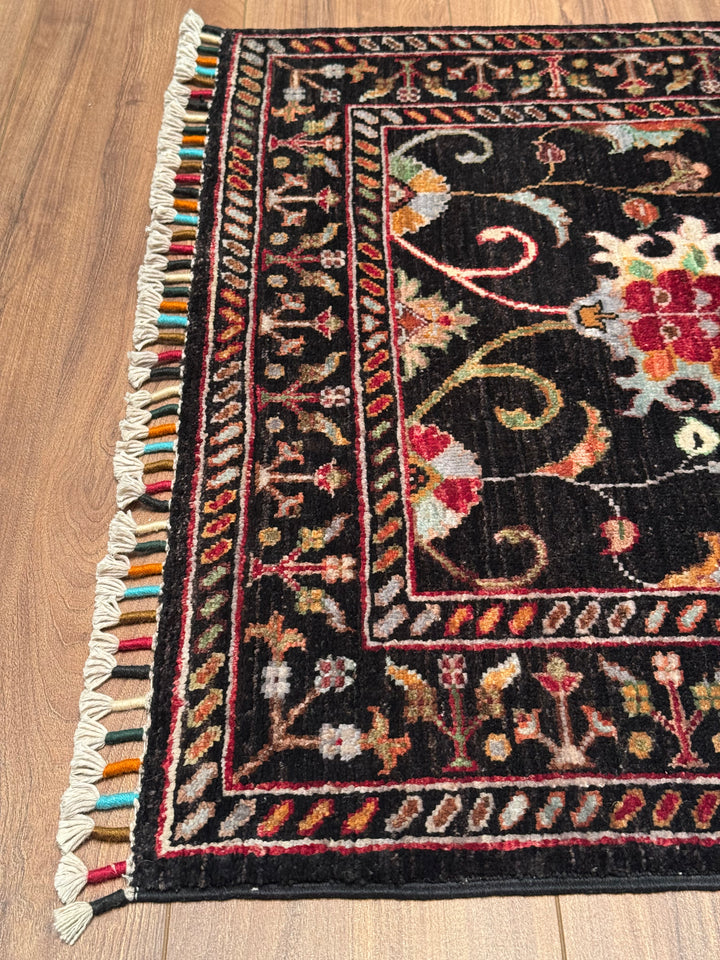 Sultani One Thousand and One Nights Runner Rug, Original Handwoven Black Natural Dye Wool Carpet, 0.84x309 cm (2.60 square meters) - 3x10 ft 