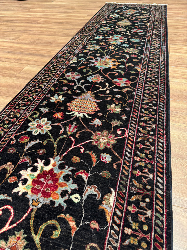 Sultani One Thousand and One Nights Runner Rug, Original Handwoven Black Natural Dye Wool Carpet, 0.84x309 cm (2.60 square meters) - 3x10 ft 