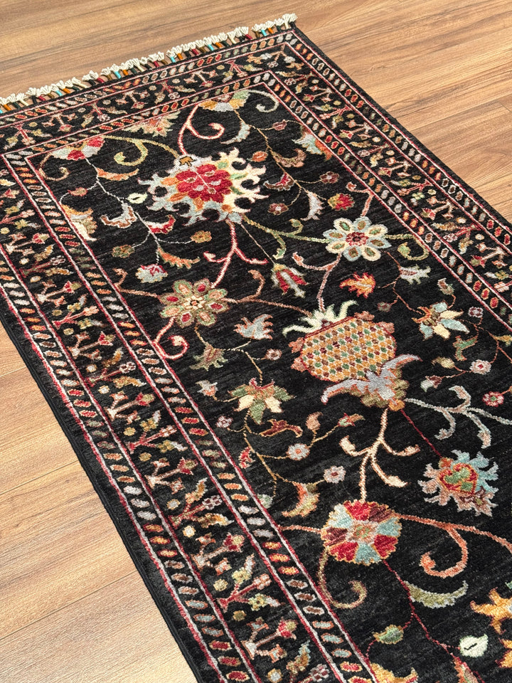 Sultani One Thousand and One Nights Runner Rug, Original Handwoven Black Natural Dye Wool Carpet, 0.84x309 cm (2.60 square meters) - 3x10 ft 