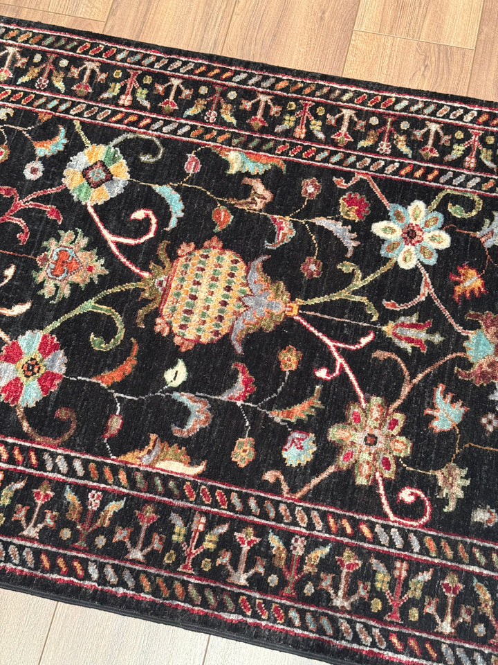 Sultani One Thousand and One Nights Runner Rug, Original Handwoven Black Natural Dye Wool Carpet, 0.84x309 cm (2.60 square meters) - 3x10 ft 