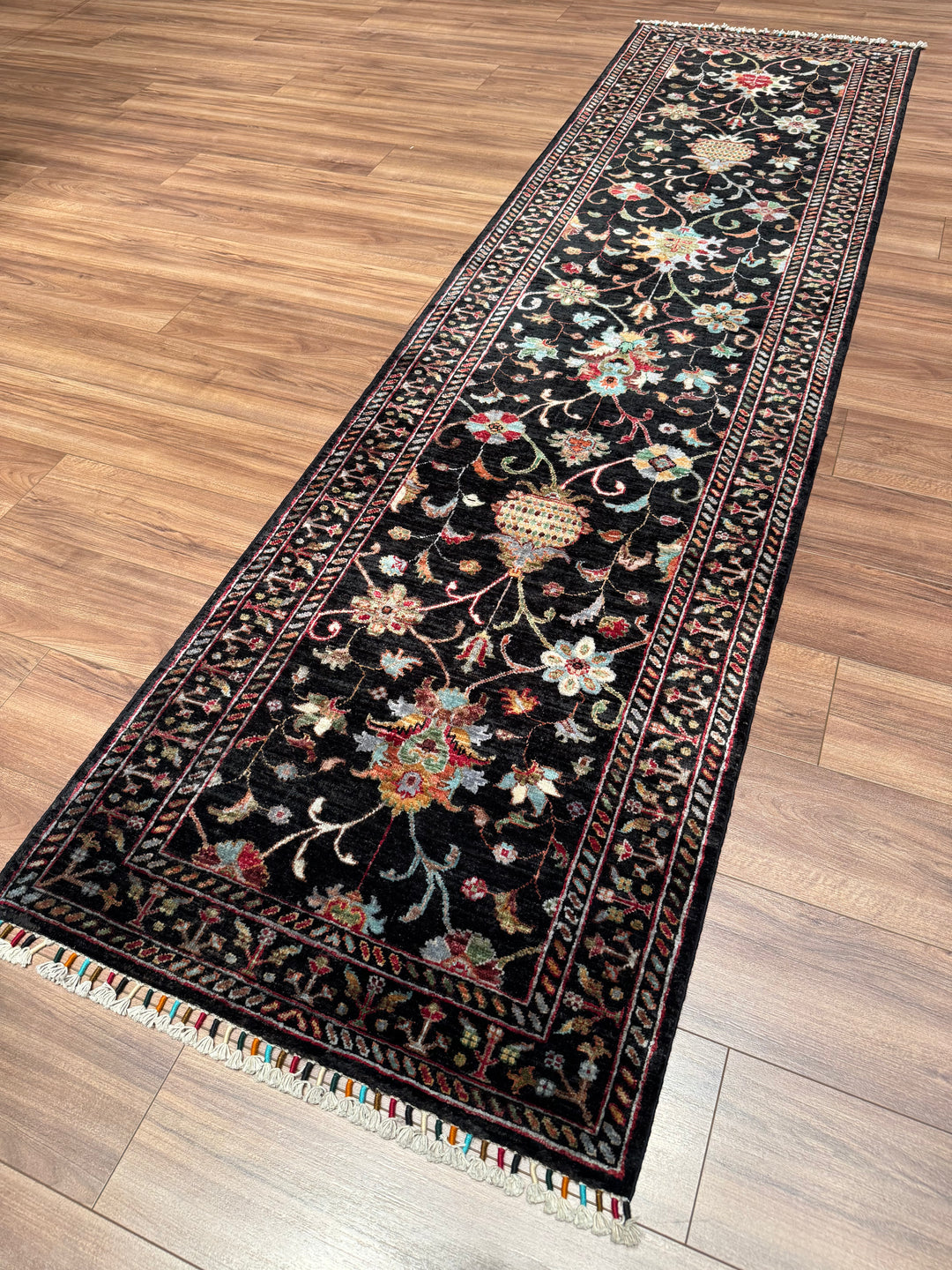Sultani One Thousand and One Nights Runner Rug, Original Handwoven Black Natural Dye Wool Carpet, 0.84x309 cm (2.60 square meters) - 3x10 ft 