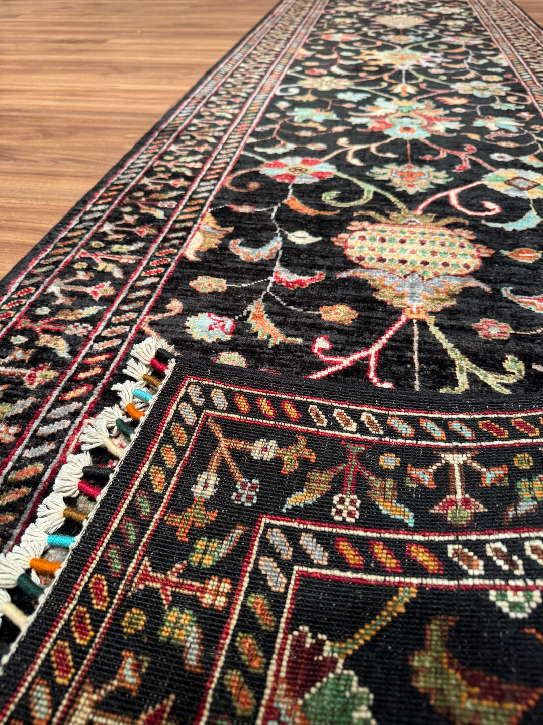 Sultani One Thousand and One Nights Runner Rug, Original Handwoven Black Natural Dye Wool Carpet, 0.84x309 cm (2.60 square meters) - 3x10 ft 