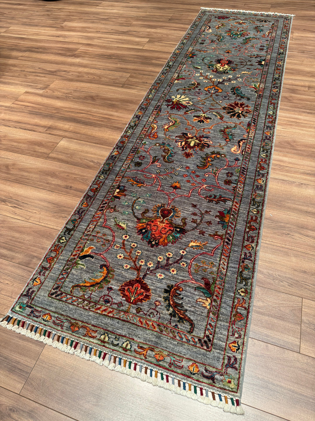 Sultani One Thousand and One Nights Runner Rug, Original Handwoven Grey Root Dye Wool Carpet, 0.82x2.99 cm (2.45 square meters) - 3x10 ft 