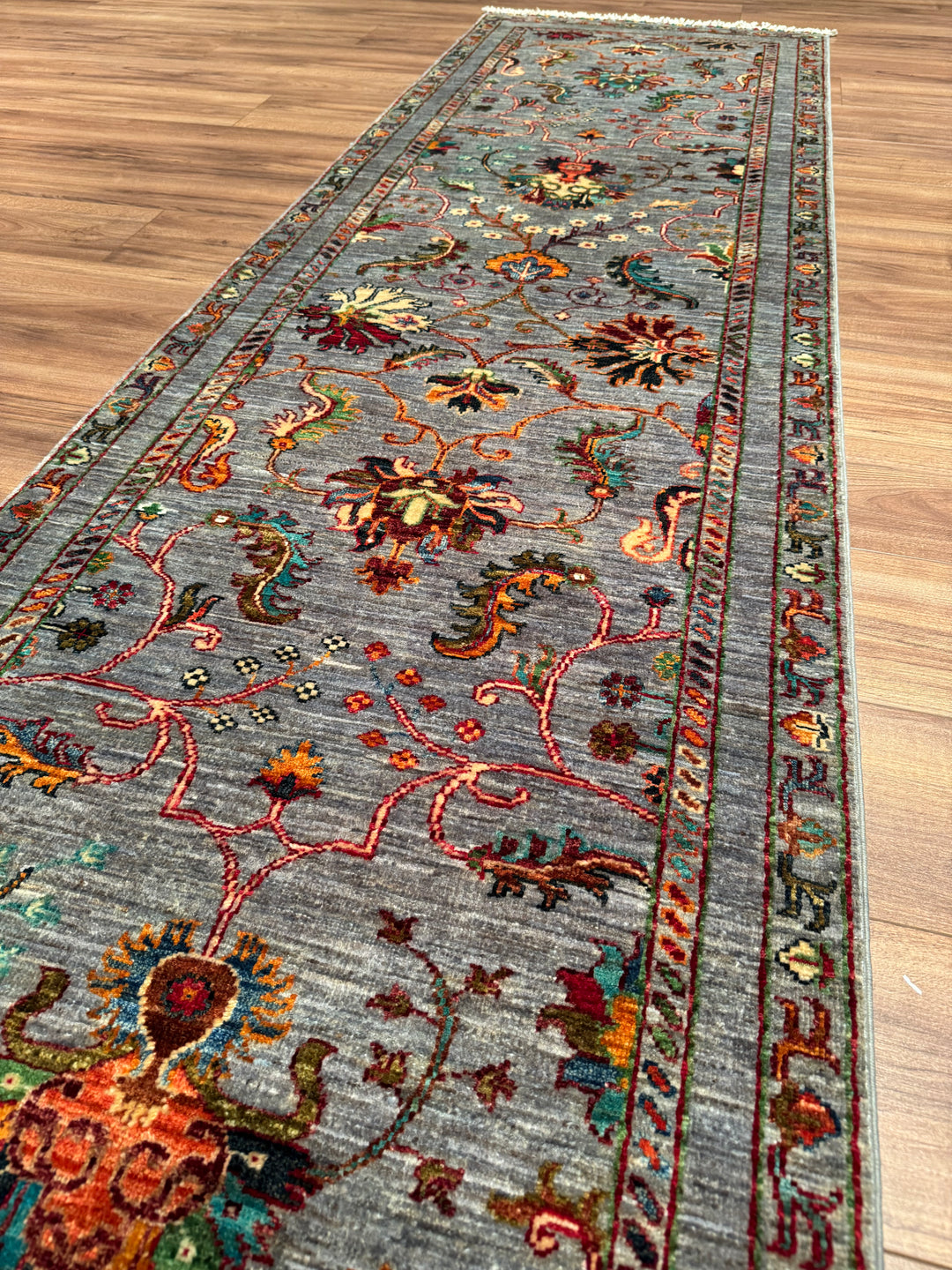Sultani One Thousand and One Nights Runner Rug, Original Handwoven Grey Root Dye Wool Carpet, 0.82x2.99 cm (2.45 square meters) - 3x10 ft 