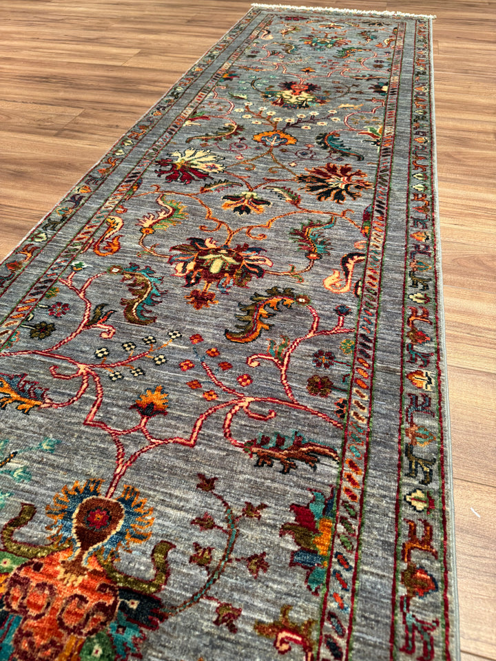 Sultani One Thousand and One Nights Runner Rug, Original Handwoven Grey Root Dye Wool Carpet, 0.82x2.99 cm (2.45 square meters) - 3x10 ft 
