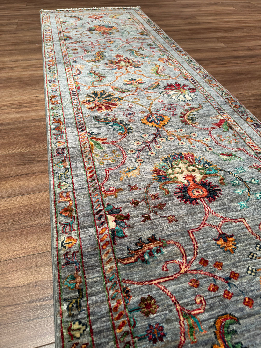 Sultani One Thousand and One Nights Runner Rug, Original Handwoven Grey Root Dye Wool Carpet, 0.82x2.99 cm (2.45 square meters) - 3x10 ft 