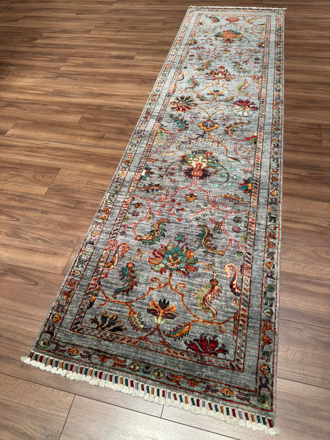 Sultani One Thousand and One Nights Runner Rug, Original Handwoven Grey Root Dye Wool Carpet, 0.82x2.99 cm (2.45 square meters) - 3x10 ft 
