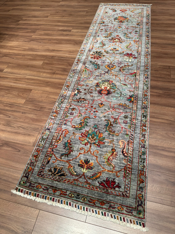 Sultani One Thousand and One Nights Runner Rug, Original Handwoven Grey Root Dye Wool Carpet, 0.82x2.99 cm (2.45 square meters) - 3x10 ft 