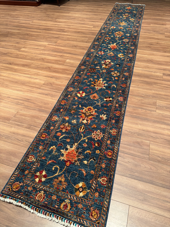 Sultani Binbirgece Uzun Yolluk Orijinal El Dokuması Lacivert Kök Boya Yün Halı 0.75x493 3.70 Metrekare - 3x16 ft