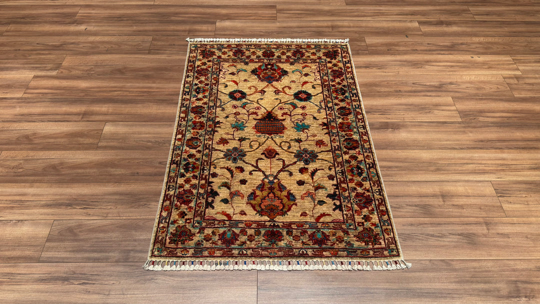 Sultani Floral Original Hand Woven Beige Root Dye Wool Carpet 101x147 1.48 Square Meters - 3x4 ft 